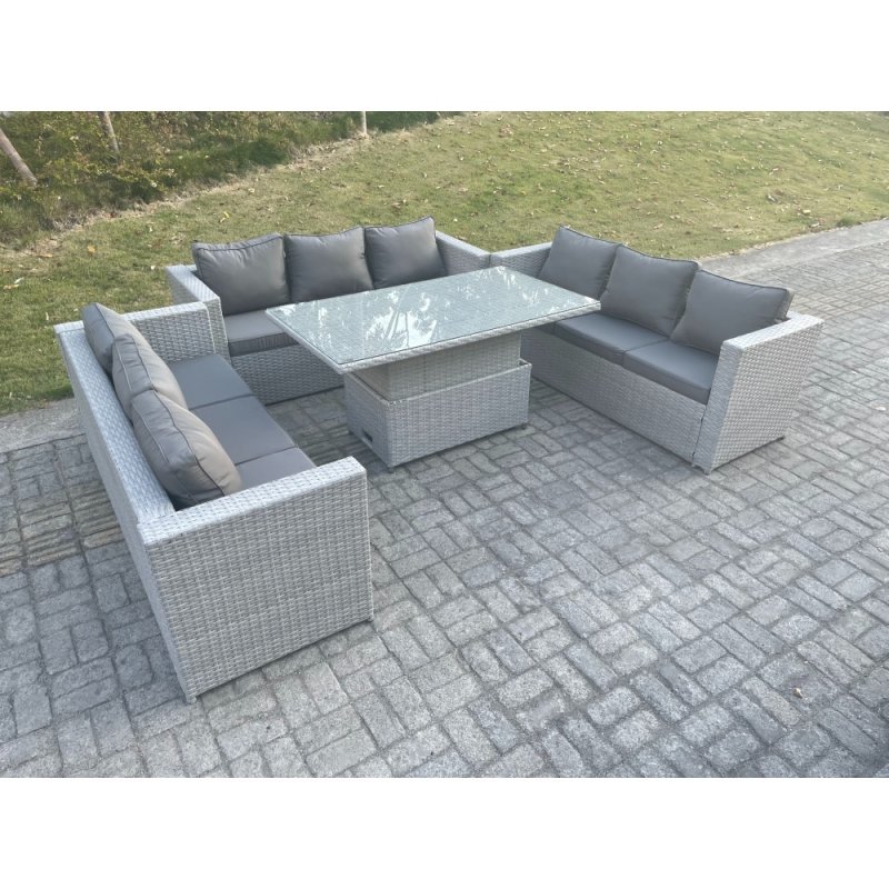 Fimous Lounge Rattan Garden Furniture Set Height Adjustable Rising Lifting Table Dining Set