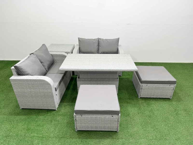 Fimous 6 Seater Outdoor Love Sofa Set Rattan Garden Furniture Set with Adjustable Lifting Dining or Coffee Table 2 Footstool Side Table Light Grey
