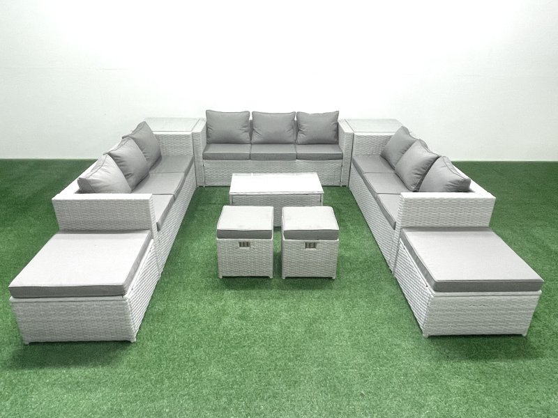 Fimous 10 Pieces Rattan Garden Furniture Set Outdoor Garden Sofa Coffee Table Set with 2 Side Tables 4 Footstools Light Grey Mixed