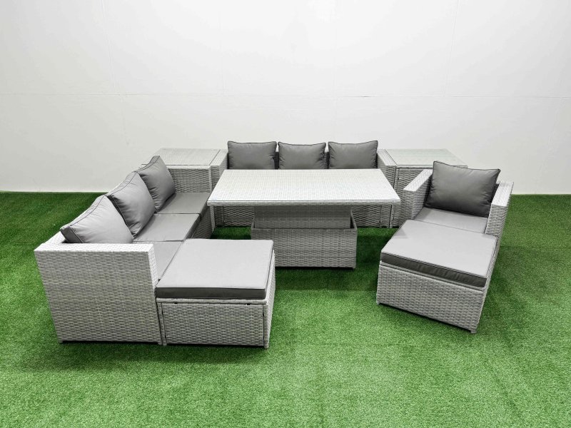 Fimous 7 PCs Rising Dining Table Set Rattan Furniture Set with 3 Seater Sofa Chair 2 Big Footstool 2 Side Tables Light Grey