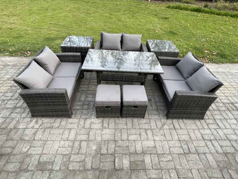 Fimous 8 Seater Wicker PE Rattan Garden Furniture Sets Outdoor Lounge Sofa Set with Oblong Dining Table Double Seat Sofa 2 Small Footstools 2 Side Tables Dark Grey Mixed
