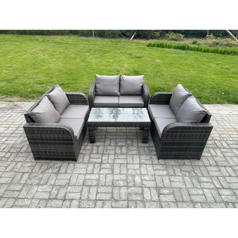 Fimous Rattan Garden Furniture Set 6 Seater Indoor Outdoor Patio Sofa Set with Coffee Table Loveseat Sofa Dark Grey Mixed
