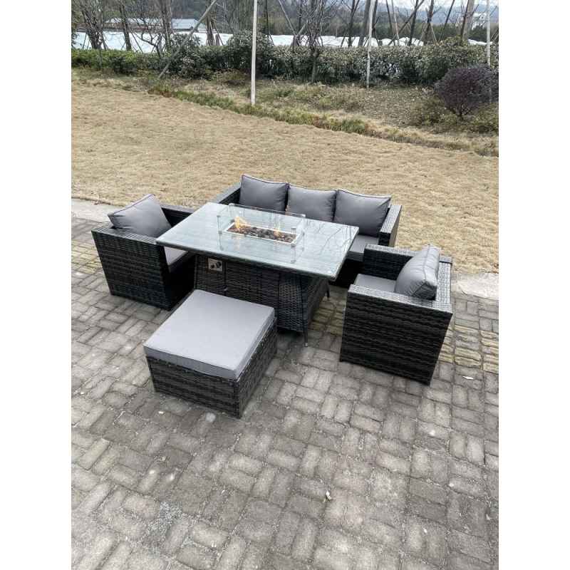 Fimous Outdoor PE Rattan Garden Furniture Gas Fire Pit Dining Table Armchairs With Big Footstool Dark Grey Mixed