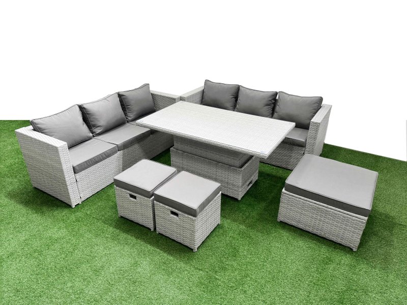 Fimous 6 PCs Rising Dining Table Set Rattan Furniture Set with 3 Seater Sofa 2 Small Footstools Big Footstool Light Grey