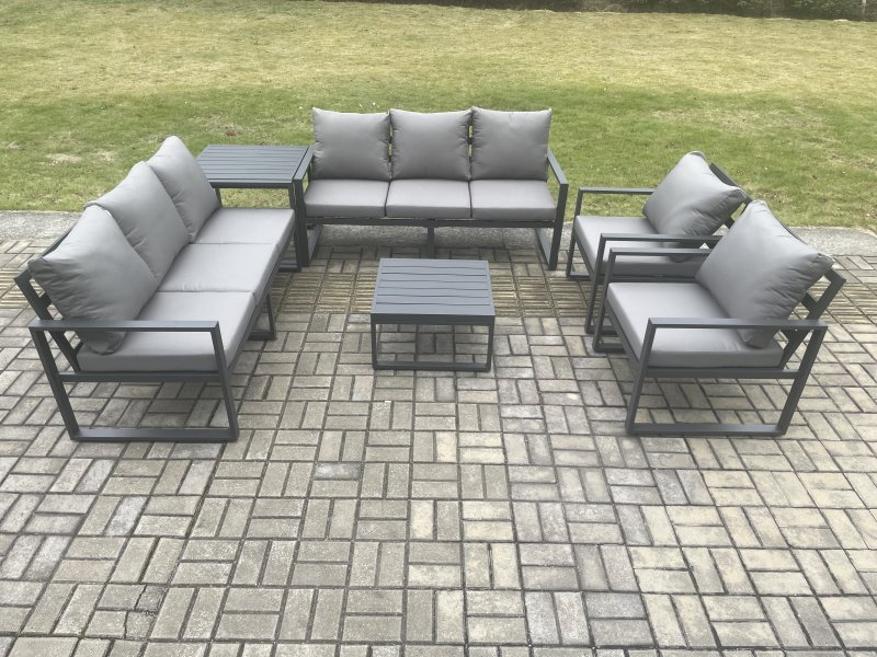 Fimous Aluminium Outdoor Lounge Sofa Set Garden Furniture Sets with Square Coffee Table 2 Chairs Side Table Dark Grey 8 Seater