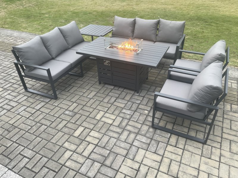 Fimous Aluminium 6 Pieces Garden Furniture Sofa Set with Cushions 8 Seater Gas Fire Pit Dining Table Set with Side Table Dark Grey