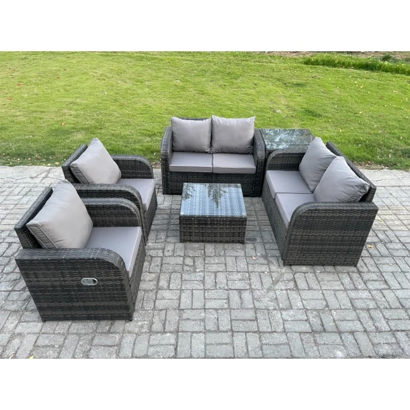 Fimous 6 Seater Rattan Sofa Set Outdoor Garden Furniture Set with Square Coffee Table Loveseat Sofa Reclining Chairs Side Table Dark Grey Mixed