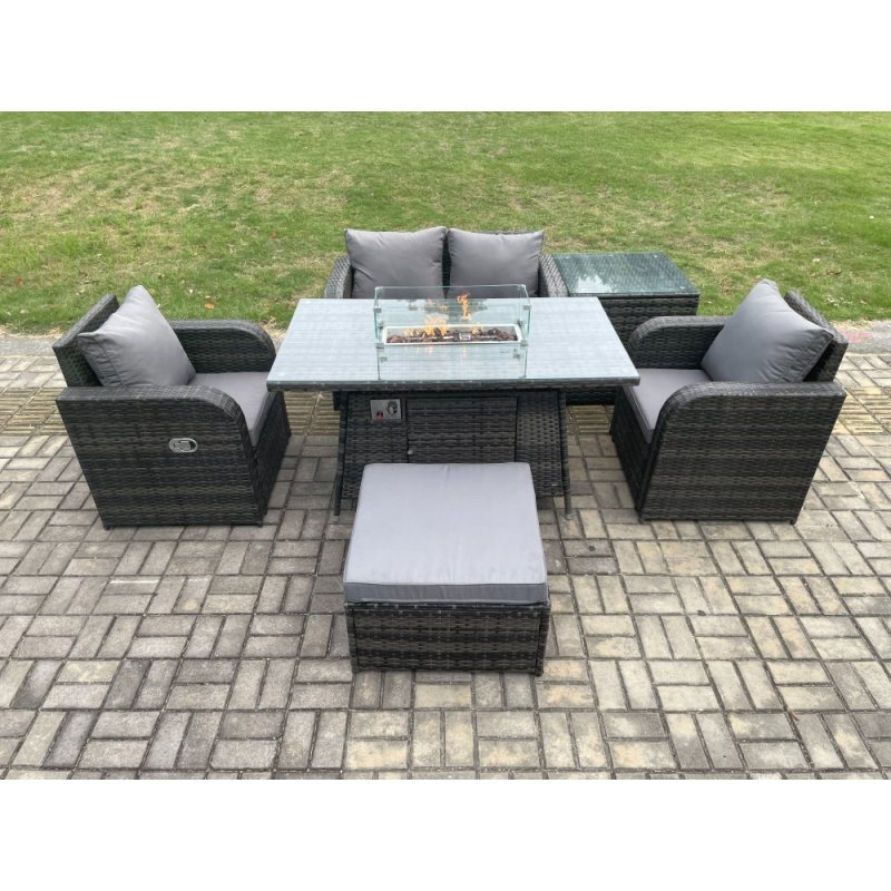 Fimous Rattan Outdoor Garden Furniture Set Gas Fire Pit Dining Table with Side Table Chair Love seat Sofa Footstool