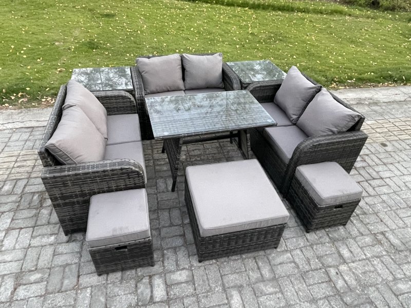 Fimous Outdoor Rattan Garden Furniture Set Patio Love Sofa Set with Rectangular Dining Table 3 Footstools 2 Side Tables Dark Grey Mixed