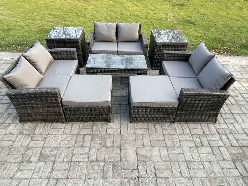 Fimous Outdoor U Shape Sofa Set Wicker PE Rattan Garden Furniture Set with Coffee Table Double Seat Sofa 2 Big Footstool 2 Side Tables Dark Grey Mixed