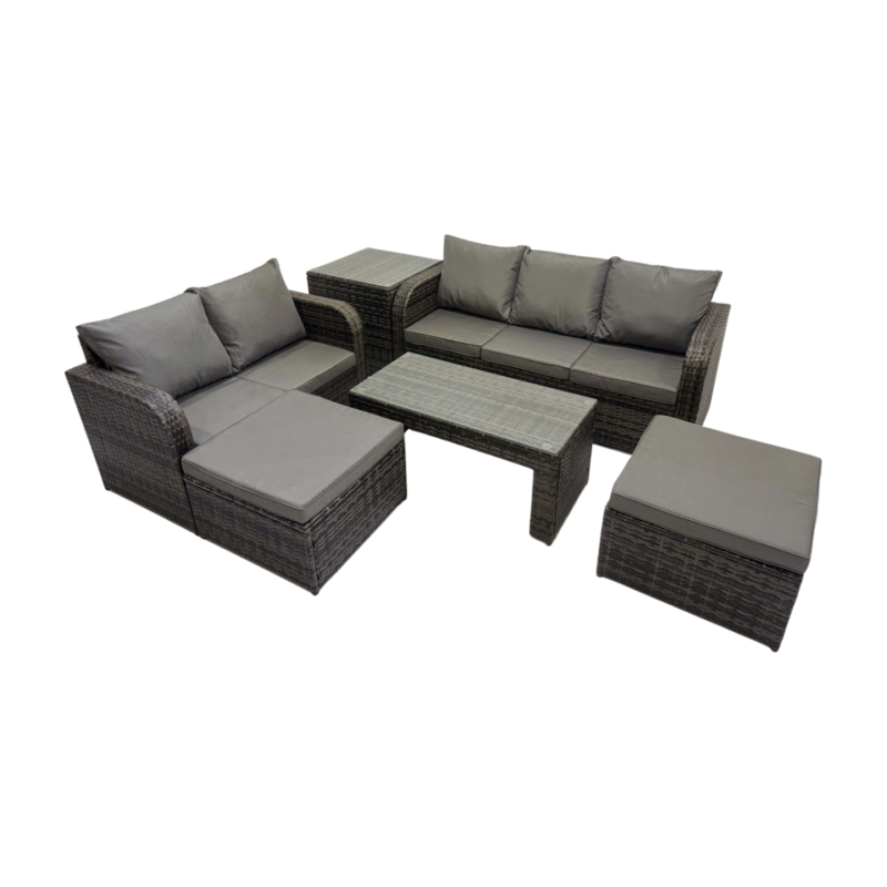 Fimous Rattan Garden Outdoor Furniture Set 3 Seater Sofa Love Sofa Coffee Table with 2 Big Footstools Side Table Dark Grey Mixed