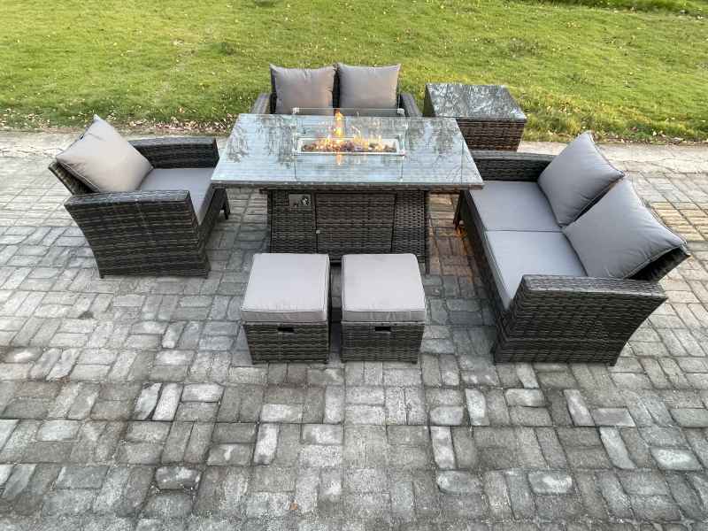 Fimous Rattan Outdoor Garden Furniture Gas Fire Pit Table Sets Gas Heater with Love Sofa Armchair Side Table 2 Small Footstools 7 Seater Dark Mixed Grey