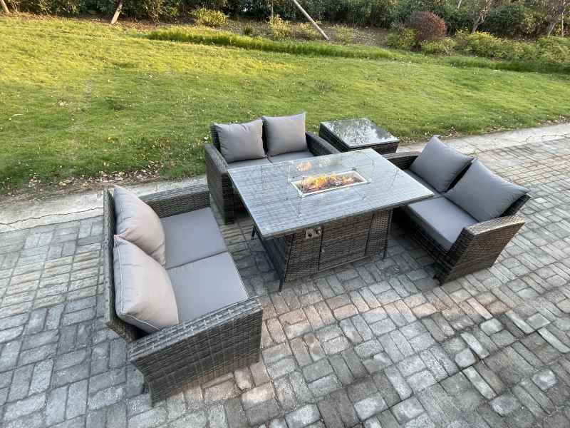 Fimous Outdoor Garden Dining Sets 6 Seater Rattan Patio Furniture Sofa Set with Gas Firepit Table Double Seat Sofa Side Table Dark Grey Mixed