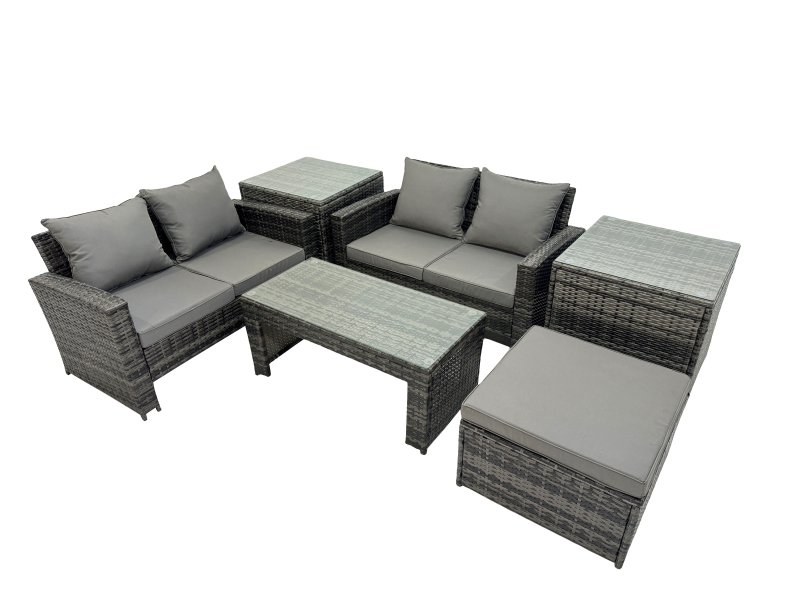 Fimous Outdoor Love Sofa Set 5 Seat Rattan Garden Furniture Set with Oblong Coffee Table Big Footstool 2 Side Table Dark Grey Mixed