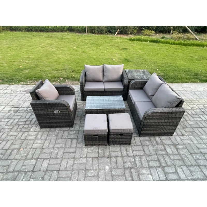 Fimous High Back Rattan Garden Furniture Set with Loveseat Sofa Rectangular Coffee Table Side Table 2 Small Footstools Indoor Outdoor Patio Lounge Sofa Set Dark Grey Mixed