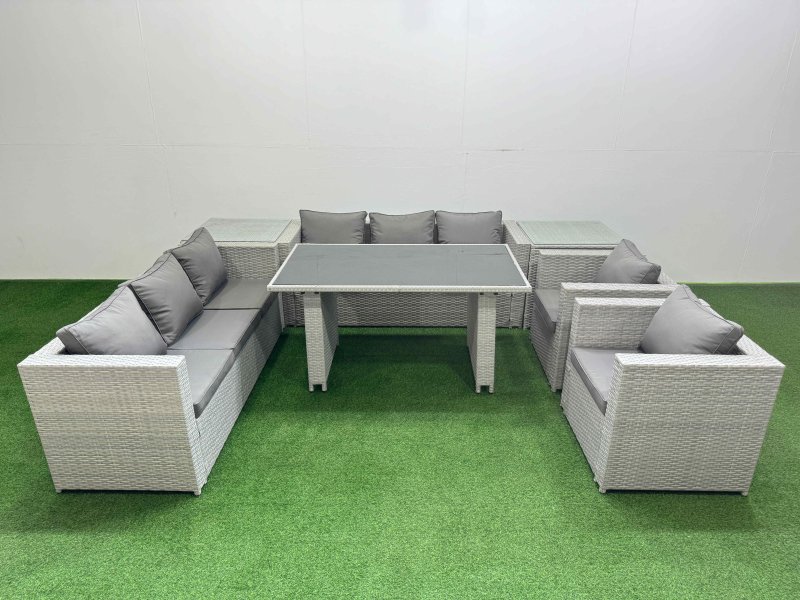 Fimous 8 Seater Wicker PE Rattan Furniture Outdoor Dining Table 3 Seater Sofa Armchair Set with 2 Side Tables Light Grey