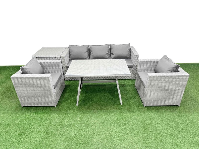 Fimous Outdoor PE Rattan Sofa Armchair Set Patio Garden Furniture Sets with Cushions Side Table Light Grey 6 Pieces