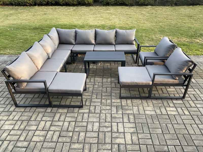 Fimous Aluminium Outdoor Garden Furniture Set Lounge Corner Sofa 2 Pcs Chair Oblong Coffee Table Sets with 2 Big Footstools Dark Grey