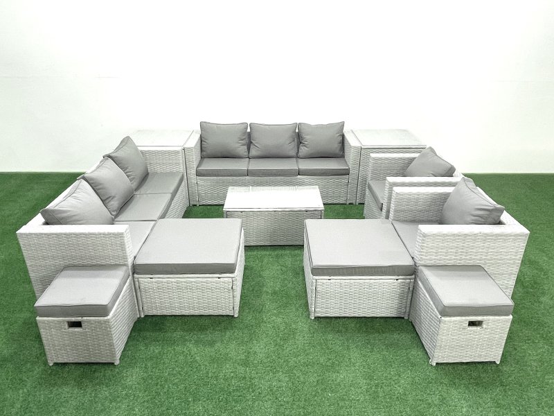 Fimous 11 Pieces Rattan Garden Furniture Set Outdoor Garden Sofa Chair Coffee Table Set with 4 Footstools 2 Side Tables Light Grey Mixed