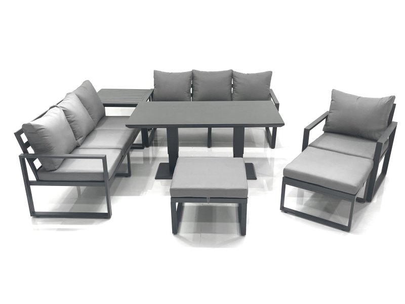 Fimous Outdoor Garden Furniture Set Aluminium Lounge Sofa Adjustable Rising Lifting Dining Table Sets with 2 Big Footstools Side Table Dark Grey