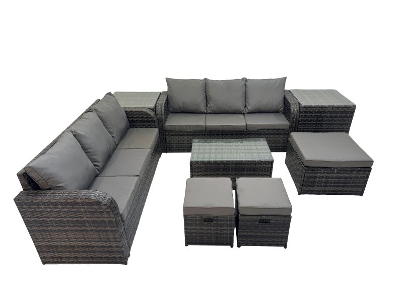 Fimous Outdoor 3 Seater Sofa Coffee Table Set Garden Rattan Furniture Set 9 Seater with 3 Stool 2 Side Tables Dark Grey