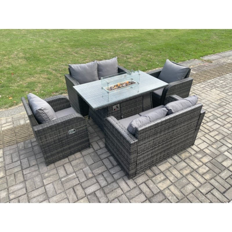 Fimous Rattan Outdoor Garden Furniture Sofa Set Gas Fire Pit Dining Table Gas Heater with Love Sofa Recling Chair 6 Seater Dark Grey Mixed