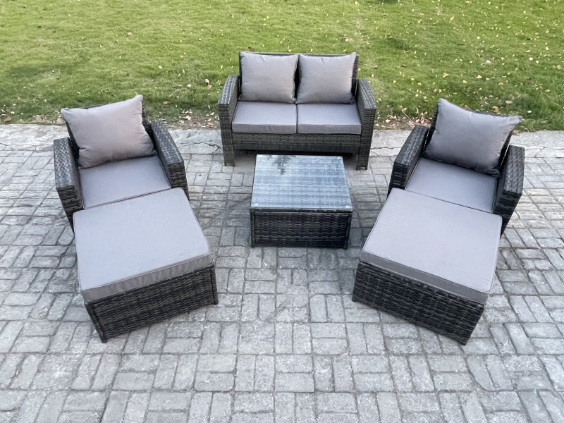 Fimous 6 Seater Rattan Outdoor Garden Furniture Sofa Set Table & Chairs with 2 Big Footstool Dark Grey Mixed