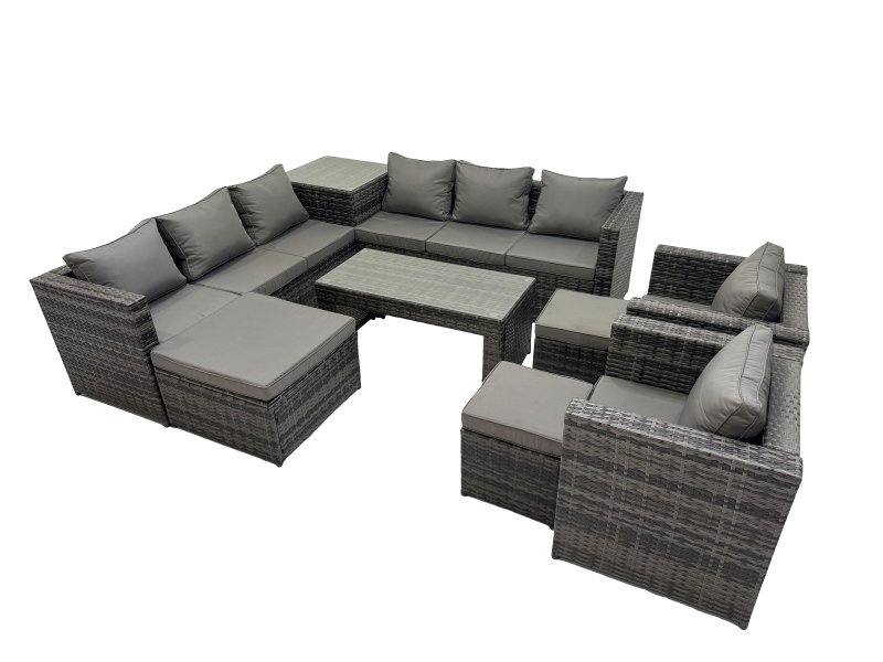 Fimous Garden Rattan Outdoor Furniture Set 11 Seater Patio Corner Sofa Oblong Coffee Table with Chair 3 Stools Side Table Dark Grey