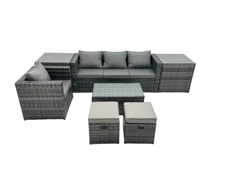Fimous Outdoor Coffee Table Sofa Armchair Set with 2 Side Tables 2 Small Footstools Garden Furniture Set Dark Grey Mixed