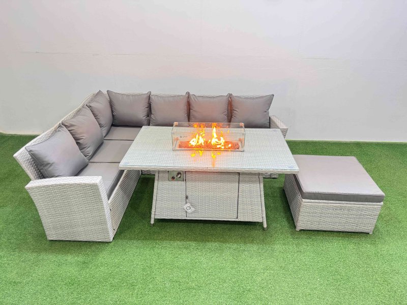 Fimous 7 Seat Rattan Garden Furniture Corner Sofa Set Outdoor Gas Fire Pit Table Sets with Big Footstool Light Grey