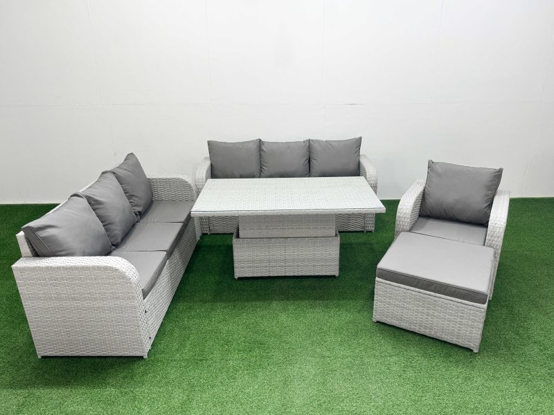 Fimous 8 Seater Poly Rattan Outdoor Garden Furniture Adjustable Lifting Dining or Coffee Table Sofa Set Patio 3 Seater Sofa Reclining Chair 3 Seater Sofa Big Footstool Light Grey