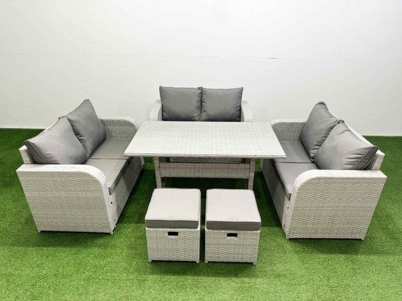 Fimous 8 Seater PE Wicker Rattan Furniture Sofa Sets with Rectangular Dining Table 2 Seater Love Sofa 2 Stool Light Grey
