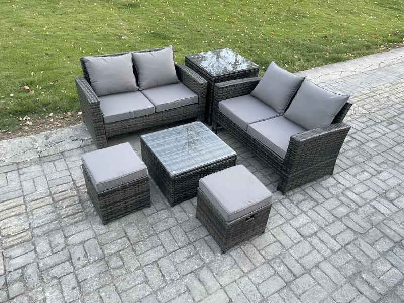 Fimous Rattan Garden Furniture Set 6 piece Patio Rattan Furniture Sofa Weaving Wicker includes 2 Double Seat Sofa, Coffee Table, 2 Small Footstools and Side Table