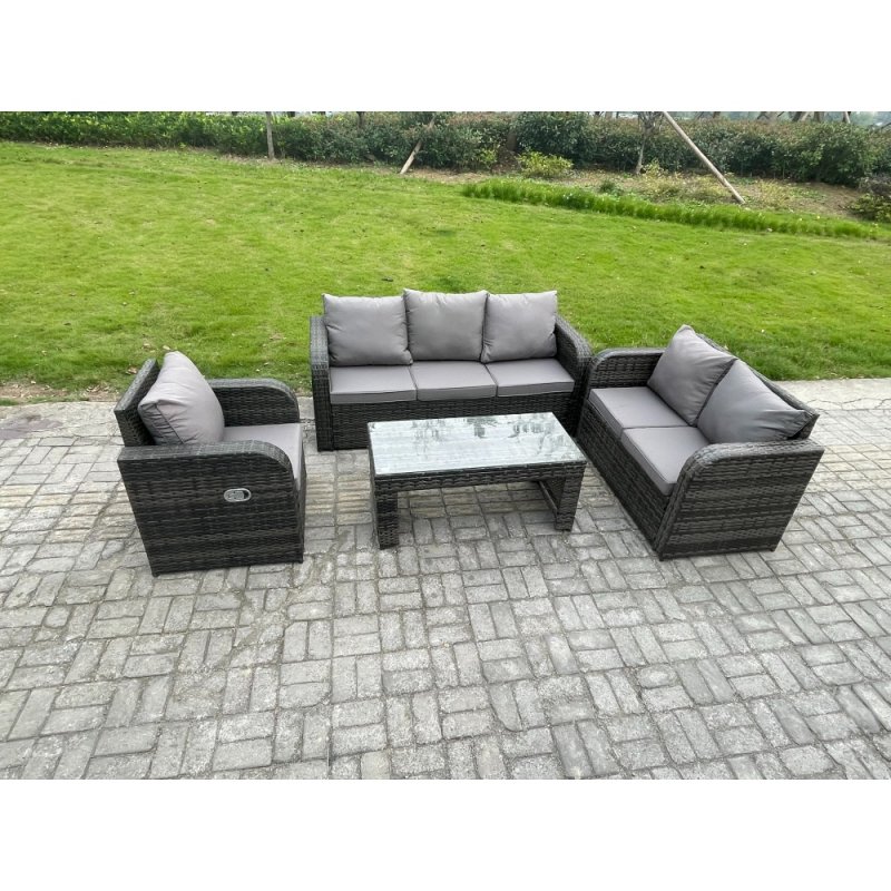 Fimous 6 Seater Outdoor Rattan Garden Furniture Set Rattan Lounge Sofa Set with Rectangular Coffee Table Reclining Chair Dark Grey Mixed