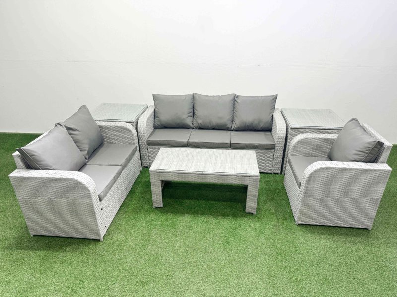 Fimous Patio PE Wicker 6 Seater Outdoor Rattan Furniture Sofa Sets with Oblong Coffee Table Reclining Chair Loveseat Sofa 3 Seater Sofa 2 Side Table Light Grey