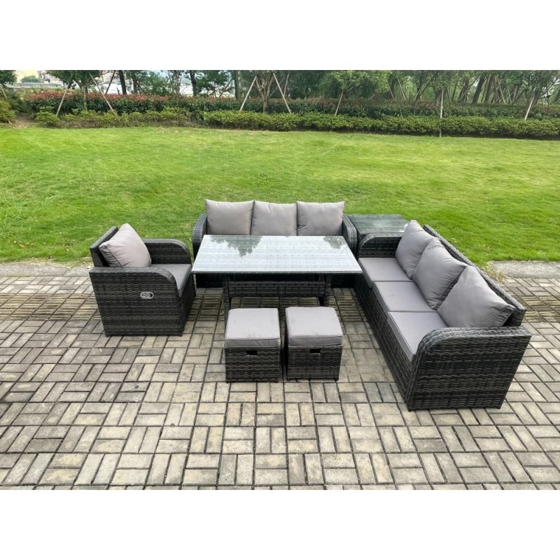 Fimous 9 Seater Rattan Garden Furniture Set Oblong Rectangular Dining Table and Chairs Set with 3 Seater Sofa Side Table 2 Small Footstools Dark Grey Mixed