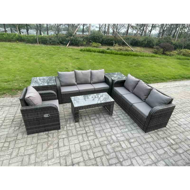 Fimous Wicker PE Rattan Sofa Set 7 Seater Outdoor Patio Garden Furniture Set with 2 Side Tables Reclining Chairs Coffee Table Dark Grey Mixed