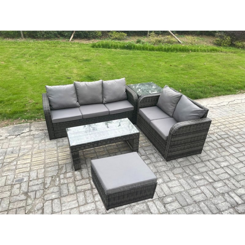 Fimous Outdoor Rattan Garden Furniture Set Patio Lounge Sofa Set with Rectangular Coffee Table Side Table Big Footstool Dark Grey Mixed