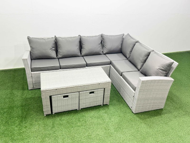 Fimous 8 Seater Garden Outdoor Rattan Furniture Set Rattan Corner Sofa Oblong Coffee Table Set with 2 Small Footstools Light Grey Mixed