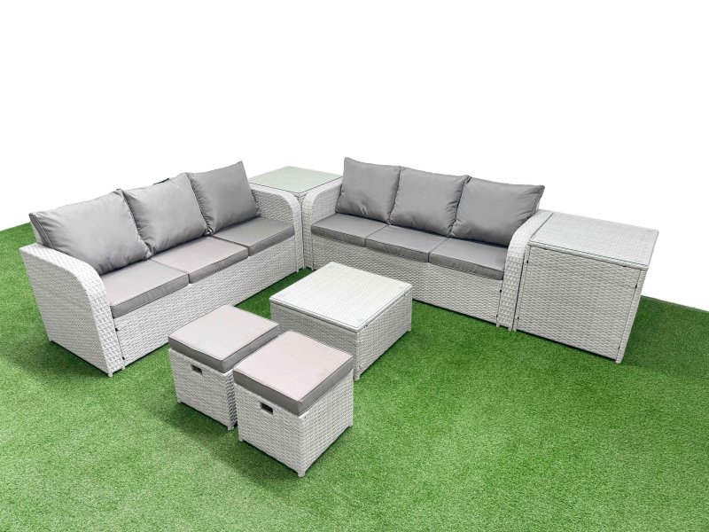 Fimous Outdoor Garden Furniture Sets 8 Seater Wicker Rattan Furniture Sofa Sets with Square Coffee Table high Back Lounge Sofa Stools 2 Side Table Light Grey