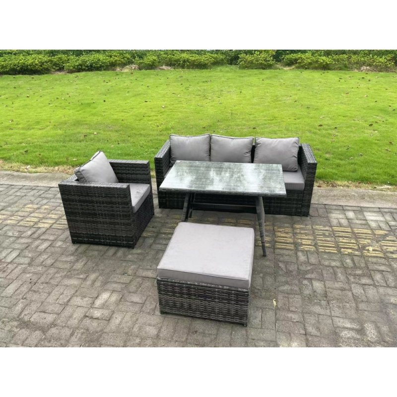 Fimous Rattan Outdoor Furniture Garden Dining Set with Oblong Dining Table Armchair Big Footstool Dark Grey Mixed