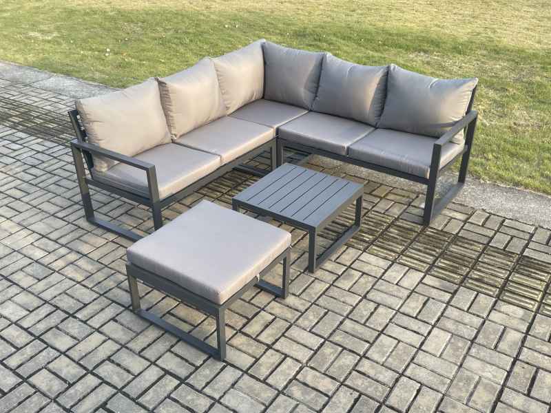 Fimous Outdoor Garden Furniture Set Aluminium Lounge Sofa Square Coffee Table Sets with Big Footstool Indoor Conservatory Set Dark Grey