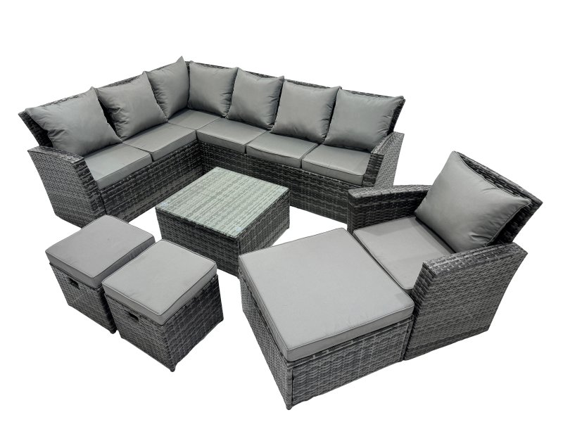 Fimous Poly Rattan Outdoor Patio Coffee Table Corner Sofa Set with 3 Stool Chair for Garden Backyard Dark Grey Mixed