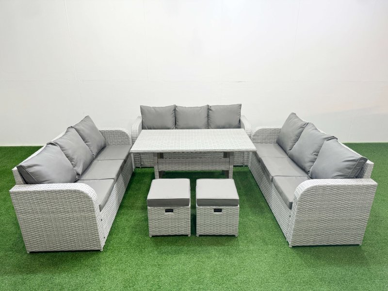 Fimous PE Rattan Lounge Sofa Set 11 Seater Outdoor Garden Furniture Set with Rectangular Dining Table 3 Seater Sofa 2 Stools Light Grey