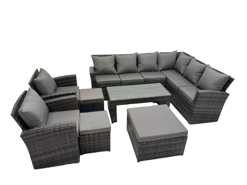 Fimous Rattan Garden Furniture Set 8 Pieces Outdoor Garden Sofa Oblong Coffee Table Set with Chair 3 Footstools Dark Grey Mixed