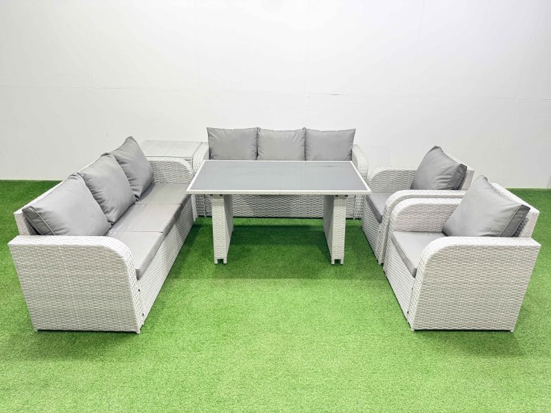 Fimous 8 Seater Wicker PE Rattan Furniture Outdoor Dining Table 3 Seater Sofa Reclining Chair Set with Side Table Light Grey
