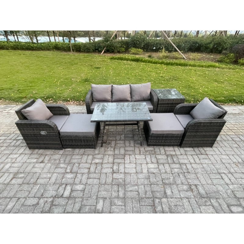 Fimous Outdoor Garden Furniture Sets 7 Pieces Wicker Rattan Furniture Sofa Sets with Rectangular Dining Table 2 Big Footstool Side Table