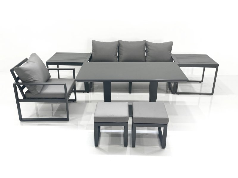 Fimous 6 Seater Garden Sofa Set Aluminium Furniture Rising Dining Tabe Set with Chair 2 Side Table 2 Small Footstools Dark Grey