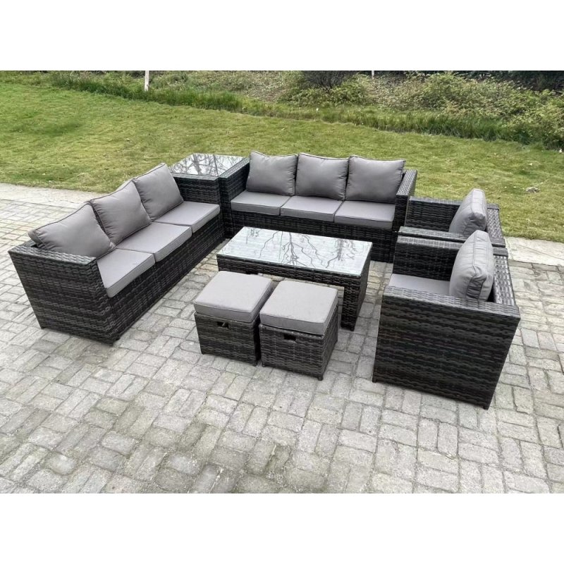 Fimous Outdoor Rattan Garden Furniture Lounge Sofa Set With Oblong Rectagular Coffee Table 2 PC Arm Chair Side Coffee Table 2 Stools