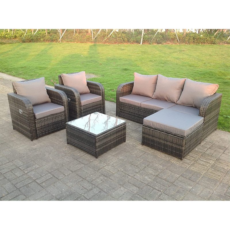 Fimous Dark Grey Mix PE Wicker Rattan Garden Furniture Set Sofa Set Reclining Adjustable Chair 6 Seater